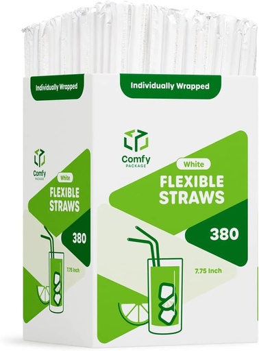 [BRSWYZQODENQICAV] Comfy Package Individually Wrapped Disposable Plastic Flexible Drinking Straws - BPA Free - White [380 Pack]