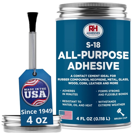 [BRSW2FAPO57BAF3G] S-18 All-Purpose Adhesive, 4 oz. can - Multi-Purpose, Rubber, Metal, Leather, Felt, Wood, Neoprene, Glass, Flexible, Waterproof, Long Lasting - RH Adhesives