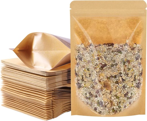 [BRSRMHQTAEGWAFIV] 100 PCS Stand Up Pouches, 6.3 x 9.4 inch Kraft Paper Food Bags with Clear Window, Reusable Zipper Food Storage Bags Resealable Pouches for Foods, Coffee Beans, Snacks