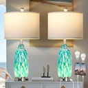 26" Peacock Green Glass Table Lamps Set of 2,Coastal Nautical Bedside Lamps with USB Ports & AC Outlet,Lamparas Elegantes para Cuarto with Night Light for Bedroom Living Room Decoration