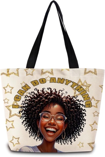 [BRSREZTROB7QKD3P] African American Tote Bag Reusable Grocery Bags Aesthetic Shopping Shoulder Handbag with Interior Zipper Pocket Stylish Can Do Anything Present for Women