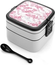 Japanese Flower Pattern Bento Box - Double Layer, Leakproof Food Containers with Partition & Spoon, Stackable Lunch Box for Office, Travel, Camping