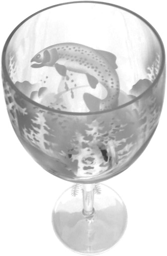 [BRSWGED2CUGRMGQU] Hand Etched Italian Crystal Goblet Sandblasted (Sand Carved) Handmade Wine Glass (Trout Fish Forest Mountain, 340 Milliliter (11.5 Ounce) White Wine)
