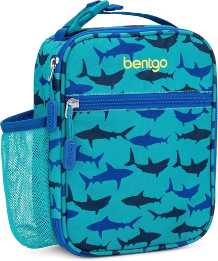[BRSROCQCBUFR6G3K] Bentgo® Kids Insulated Lunch Tote - Water-Resistant, Reusable, Lightweight & Durable Lunch Bag with Water Bottle Holder & Mesh Pocket, Fits Lunch Box & Water Bottle - Ideal for Ages 3+ (Sharks)