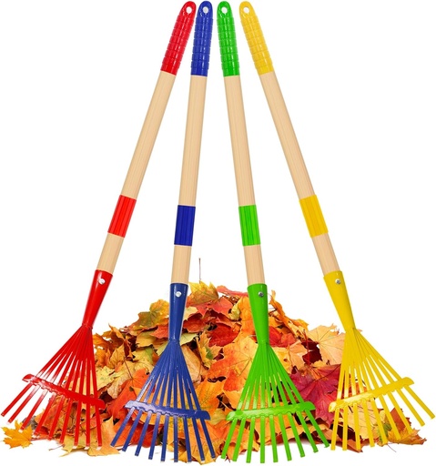 [BRSREZAFCINAYF3B] 4Pcs Kids Rakes for Leaves 28" Metal Kids Garden Rake with Hardwood Handle & Soft Foam Grip, Cute and Lightweight Leaf Rake Kid Gardening Tools for Boys Girls Gifts Age 3 Year Old and Up