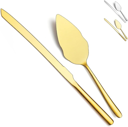 [BRSW2GQYCB6G2EL7] Gold Wedding Cake Knife and Server Set, Stainless Steel Cake Cutting Set, Include Cake Cutter and Cake Server for Parties, Activities, Family, Dishwasher Safe (Shiny Gold)