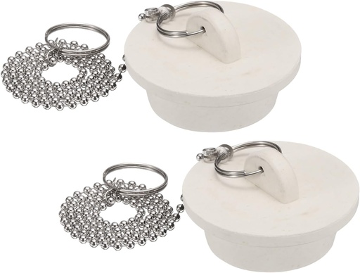 [BRSRAFQOPIPW2H3B] uxcell 2Pcs White Rubber Bathtub Stoppers, 1-1/2" Kitchen Sink Drain Stopper, Bathroom Drain Plug with Pull Ring and 15" Stainless Steel Beaded Chain