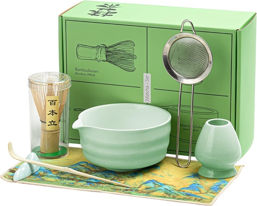 [BRSREYAECABA4DL6] RONBEI Matcha Whisk Set, Japanese Matcha Set with Ceramic Bowl, Bamboo Whisk, Stainless Sifter, Scoop and Holder, Jade Green Matcha Kit for Matcha Lover(7 Pcs)