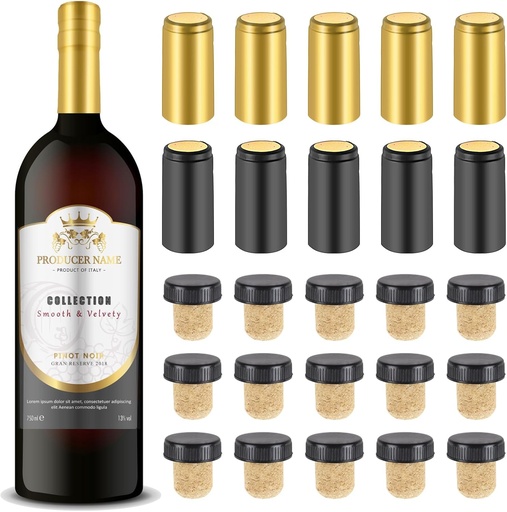 [BRSROAYYO4NBUYLK] Wine Sealer for Wine Bottles - 50 pcs Wine Bottle Resealer Kit for Cruise with PVC Heat Shrink Capsules, T-Shape Wine Bottle Cork Stopper with Black Plastic Top for Making Cellars and Home Use