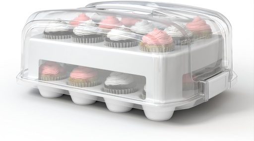 [BRSWYHAEDIARO2DA] Cupcake Carrier, EXTRA LARGE LID, White Cupcake Holder Carries 24 Standard-Size Cupcakes, Muffin Traveler Two Tier Stand Reusable Cupcake Box