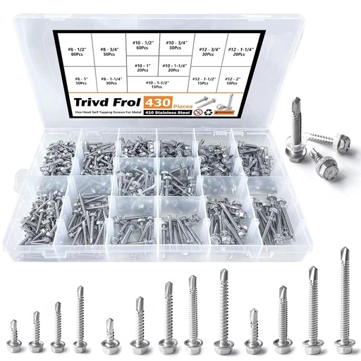 [BRSRM2YDCN6BQ23Z] 410 Stainless Steel Self Tapping TEK Screws Assortment,430 pcs #8#10#12 Hex Head Self Drilling Screws for Metal, Length 1/2" to 2"