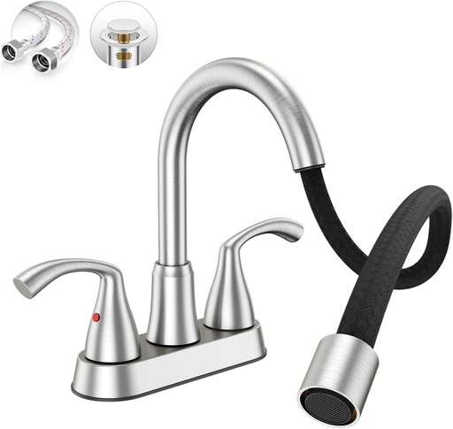 [BRSRAAYCCR5BG3TL] Phiestina 4 Inch Brushed Nickel Rotatable Centerset Bathroom Sink Faucet with Pull-Out Sprayer, Metal Pop-Up Drain, Water Supply Lines, Utility Laundry Faucet for 3-Hole Sinks,JC180CL-BN