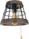 Small Pull String Wood Ceiling Light Fixture, 1-Light Farmhouse Rustic Semi Flush Mount Ceiling Lights Round Country Black Metal Cage Light Edison E26 129PC