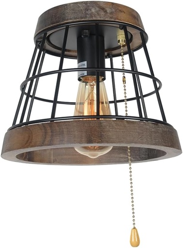 [BRSRO2TQC4ARSD3D] Small Pull String Wood Ceiling Light Fixture, 1-Light Farmhouse Rustic Semi Flush Mount Ceiling Lights Round Country Black Metal Cage Light Edison E26 129PC