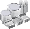 N9R 600PCS Silver Disposable Plastic Plates, Silver Plastic Dinnerware Set Includes 100 Dinner Plates, Dessert Plate, Cups, Spoons, Forks, Knives for 100 Guests, Perfect for Party, Wedding, Birthday
