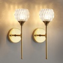 Gold Crystal Wall Sconce Set of Two, Modern Mid Century Vintage Wall Sconces with Clear Glass Shades, Bathroom Vanity Light Fixtures Industrial Brushed Brass Wall Lamp for Bedroom Mirror Living Room
