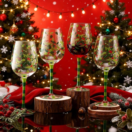 [BRSREZQYCECB6ADP] 4 Pcs Christmas Holly Berry Party Stemmed Wine Glasses Hand Painted Drinking Cup Wine Glasses Gifts for Birthday Theme Holiday Party Supplies