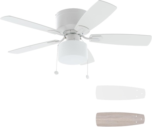 [BRSREFA2DEIW22Q7] 42" Pull Chain Ceiling Fan: Traditional Flush Mount Ceiling Fan with Light - LED Bulb - Dual Finish Blades - Reversible Function for Bedroom - White