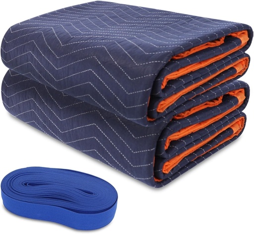 [BRSRAFATO4IQADTG] 2 Moving Blankets 72x80in with 1 Elastic Rubber Band (196in Extendable to 400in) – Durable Quilted Moving Blanket-Heavy Duty Shipping Blankets (Total Weight 8.8 lbs,Black/Blue)