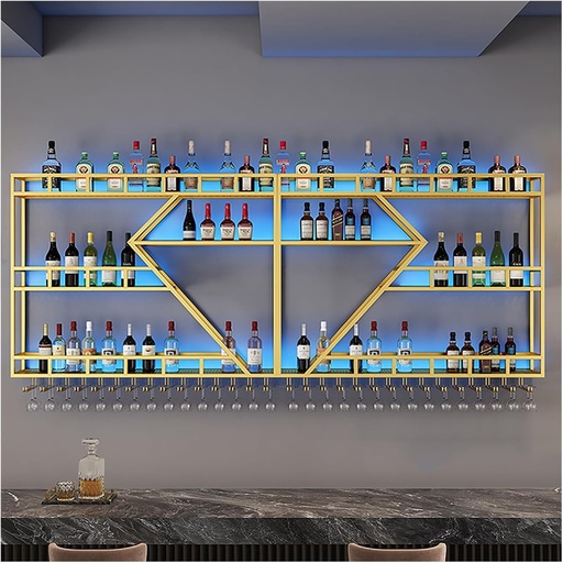[BRSRAAT4OQMWYAA4] Industrial Bar Wine Rack Wall Mounted with LED Light,Floating Bar Shelves with Wine Glass Holder,Liquor Bottle Display Shelf,Metal Wine Storage Racks for Kitchen,Wine Cellar,Black/Gold(Gold,