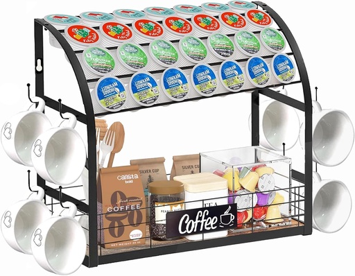 [BRSRAAAPCQCGKCD7] K Cup Coffee Pod Holder, 2 Tier Coffee Bar Organizer with 8 Mug Hooks, 2025 New K Cup Holders for Counter, Easy Assembly, Multi-functional Coffee Station Organizer for Countertop, Home or Office,Black