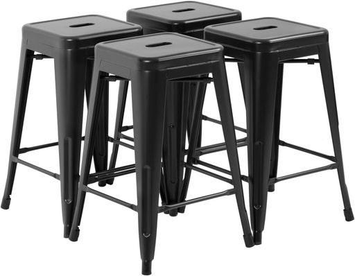 [BRSWECQCCVYQKFY6] FDW Metal Bar Stools Set of 4 Counter Height Bar Stools 24 Inches Industrial Bar Chairs Patio Stool Stackable Backless Stool Indoor Outdoor Metal Kitchen Stools Bar Chairs (Black, 24")