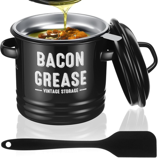 [BRSREYYTDEBGGAI4] Bacon Grease Saver with Strainer 41oz/ 1. 2L Large Stainless Steel Grease Container with Silicone Spatula Farmhouse Black Enamel Oil Keeper Can for Kitchen Fat Storage, Dishwasher Safe