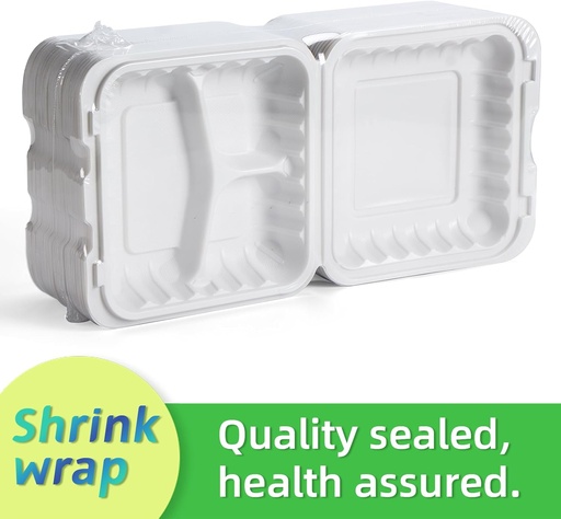 [BRSRMBQQB5YW2CTD] Takeout Container Mineral Filled PP Plastic - 55 Pack 8 Inch 34oz | Shrink Wrap BPA Free Food Container | Freezer & Microwave Safe for Food Delivery | White 3 Compartment Disposable Lunch Boxes