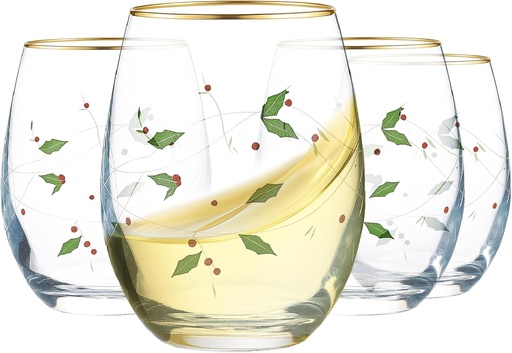 [BRSRAZD5OZYRGH3V] Gusto Buono 23 oz Holiday Stemless Wine Glasses Set of 4 - Italian Handmade Borosilicate with Red & Green Holly Leaf Design Christmas Dinnerware