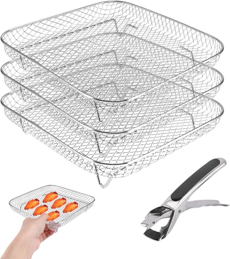 [BRSROEAPCEGQM2T4] 8 inch Square Air Fryer Rack,3 Layer Stainless Steel Stackable Dehydrato-r Rack with An-ti-scalding Clip,Stainless Steel Multi-Layer Dehydrato-r Rack Air fryer Accessories(Silver)