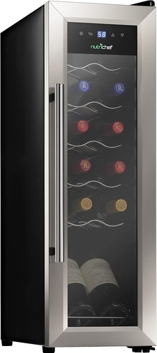 [BRSWGCAYBMFAIF3V] Nutrichef 12 Bottle Stainless Steel Slim Wine Fridge | Red & White Wine Chiller | Adjustable Temperature Control, Ultra Quiet Operation & Energy Efficient | Mini Wine Cooler Refrigerator | 31x10x17 IN