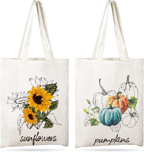 [BRSWYFATDEGWEAYY] Whaline 2 Pack Fall Canvas Tote Bags Sunflower Tote Bag Pumpkins Canvas Bag Reusable Cotton Handbag Grocery Bags for Shopping Market Travel Beach Autumn Theme Harvest Party Favors, 15.7" x 13.4"