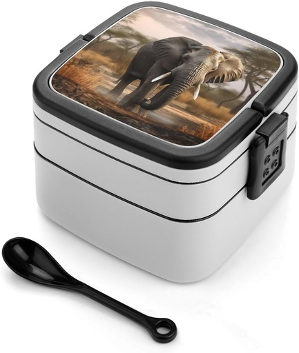 [BRSRAZILCUMR4YDA] All-in-One Bento Box Stackable Leak-Proof Lunch Box With Carry Handle 2 Layer Portable Meal Prep Container Tropical African Elephant Lunchbox with Utensils for Dining Out Work