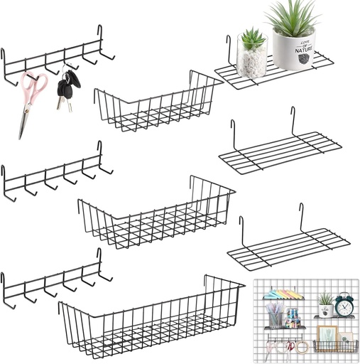 [BRSRAGIDOUNR4AYY] 9 Pcs Grid Wall Shelves Gridwall Accessories Wall Grid Panel Hanging Basket with Hooks Set Includes 3 Basket 3 Wire Straight Shelf 3 Hooks Rack for Home Storage Display Organizer(Black)