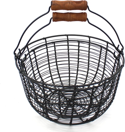 [BRSWG2YNAQPRYEI2] CVHOMEDECO. Metal Wire Egg Baskets Wire Fruit Baskets with Wooden Handle Country Vintage Style Storage Baskets. Matt Black, Set of 2. (Round)
