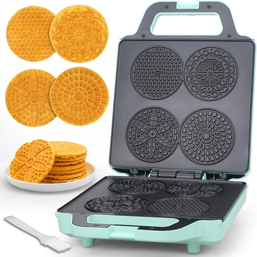 [BRSRAFAFCR4A2CLV] Baker’s Friend Pizzelle Maker Electric, 4 X 3.5” Pizzelle Waffle Cookies for Christmas Baking Supplies, Stroopwafel Iron, Cookie Maker Machine with Pattern, Thin Waffle Maker, Aqua