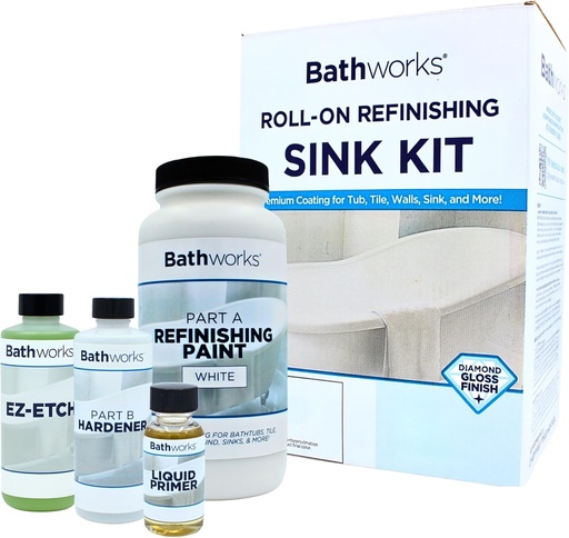 [BRSWYHQPOIBRMDL3] Bathworks Roll-On Sink Refinishing Kit with EZ-Etch - 11 fl oz Coating & Tools Included, High Gloss White, Professional-Grade DIY System for Sinks & Small Fixtures - Durable Non-Yellowing Finish