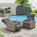 IDEALHOUSE Outdoor Recliner Chair, Patio Reclining Chairs with Adjustable Backrest and Footrest, 150° Lay Flat Rattan Reclining Chairs with Flip-Up Table and Removable Cushion, Set of 2