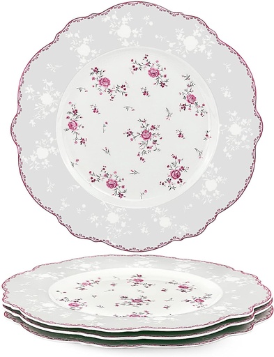 [BRSW2AQFOEORAGTJ] fanquare 10 Inch Porcelain Dinner Plates Set of 4, Lace Dishes Set for Salad, Pasta, Soup, Dessert, Pink Roses