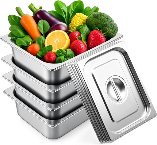 [BRSREGAQOB6RSFY7] Hotel Pans Deep Steam Table Pan Full Size Set, Steam Table Pans with Lids, Stainless Steel Commercial Food Storage Containers Stackable Metal Steamer Pan (4" Deep 4 Pack, 1/2 Size)