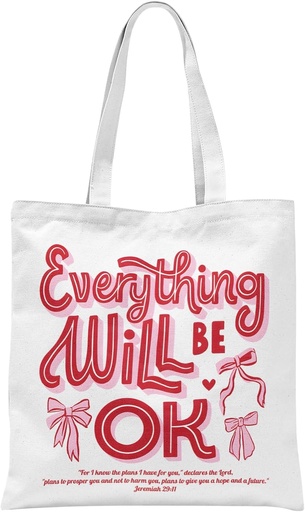 [BRSREZ3QDFYAIFI2] Coquette Pink Bow Christian Tote Bag, Hot Pink Preppy Bible Verse Everything Will Be Ok Aesthetic Canvas Tote Bag, Inspirational Christian Gifts for Women, Reusable Grocery Shopping Bags