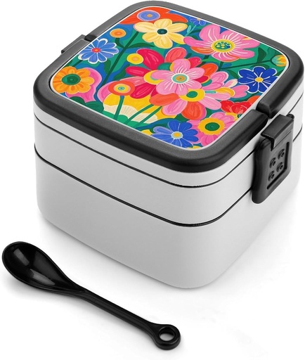 [BRSRA2Y6OJ6Q2AAY] Bento Lunch Box for Women Lunch Containers for Adults Hand Painted Flowers Double Layered Lunchbox Large Capacity Bento Box with Cutlery for Work Picnic Camping Travel