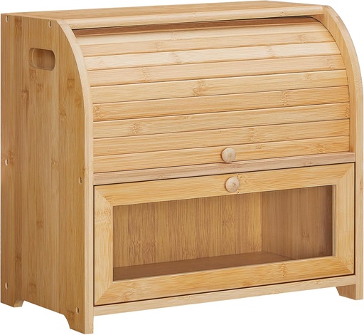 [BRSROHAKBZYBO3T7] HOOBRO Bread Box, Bamboo Bread Box for Kitchen Countertop, 2 Tier Roll-Top Bread Bin, Food Storage Box, Large Capacity Keeper, Wooden Storage Cabinet, for Kitchen, Dining Room, Natural YL13MB01