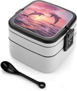Sea Dolphins Jumping at Sunset Portable Bento Box with Handle 2 Compartment Leak-Proof Stackable Lunch Box for Work Picnic Camping