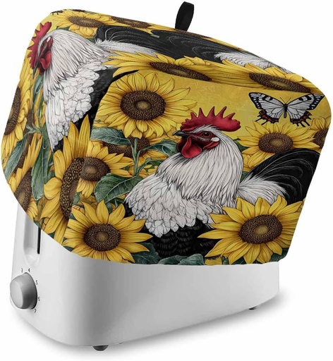 [BRSREH36DMFRGEI4] Yellow Sunflower Rooster Toaster Cover 4 Slice, Kitchen Appliance Covers with Pocket & Loop, Retro Rooster Farmhouse Polyester Bread Machine Covers Dust & Fingerprint Protection