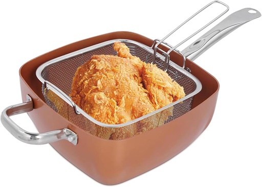 [BRSRM23QCAMRY3DB] Frying Pan, 4Pcs Stainless Steel Saucepan Portable Non Stick Deep Fryer Multifunctional Kitchen Wok Chip Pans with Basket and Lid 25cm for Steak Chips Crab