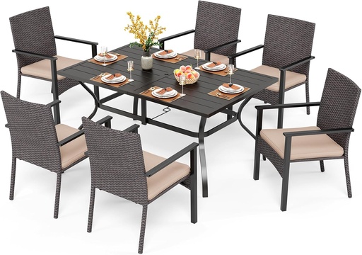 [BRSW2AYOOEMR4DLA] PHI VILLA 7 Piece Outdoor Dining Set for 6, 60” Rectangular Metal Dining Table with Umbrella Hole & 6 Cushioned Rattan Chairs for Patio, Deck, Yard, Porch