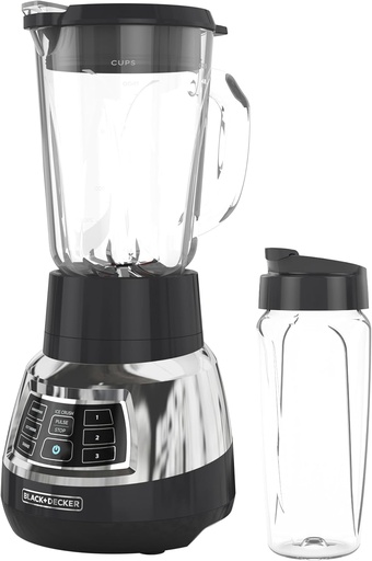 [BRSROEAOAUBRA335] Black+Decker Quiet Blender with 6-Cup Cyclone Glass Jar, 3 Speeds + 3 Functions & Serrated Blade Technology for Faster Blending, Pulse Button and 24-oz Personal Jar, 900W
