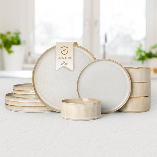 [BRSRAAADCEJWGD3V] MONITO 12PCS Stoneware Plates and Bowls Sets, Ceramic Dinnerware Sets for 4, Reactive Glaze Dish Set, Chip and Scratch Resistant Double, Microwave and Dishwasher Safe, Beige