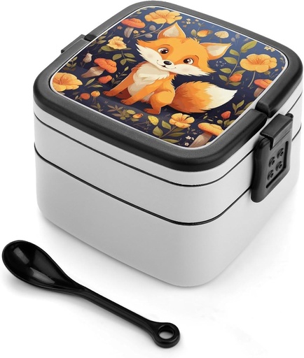 [BRSREZY6OAMQMH3A] Cute Animal Fox Flower Bento Box Double-Layer Bento Lunch Container with Spoon And Invisible Handle Adult Leak-Proof Lunchbox for Dining Out Work Picnics Travel